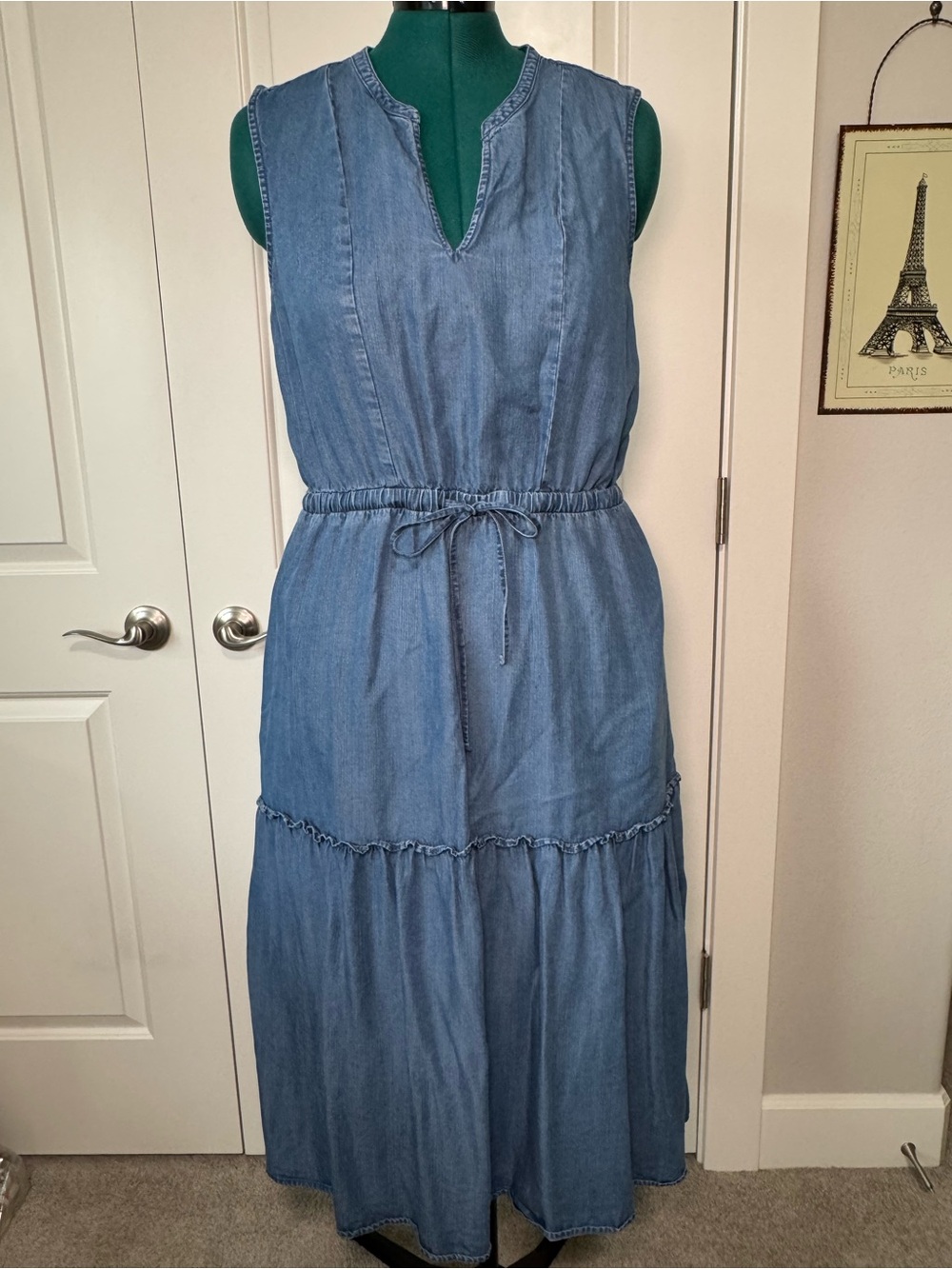 Lands' End Sleeveless Chambray Drawstring Midi Dress in Blue